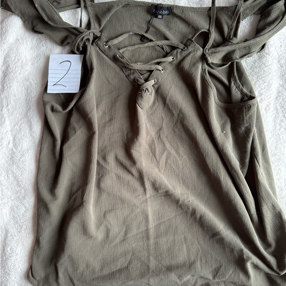 Zenobia Olive Green Cold-Shoulder Lace-Up Tank Top